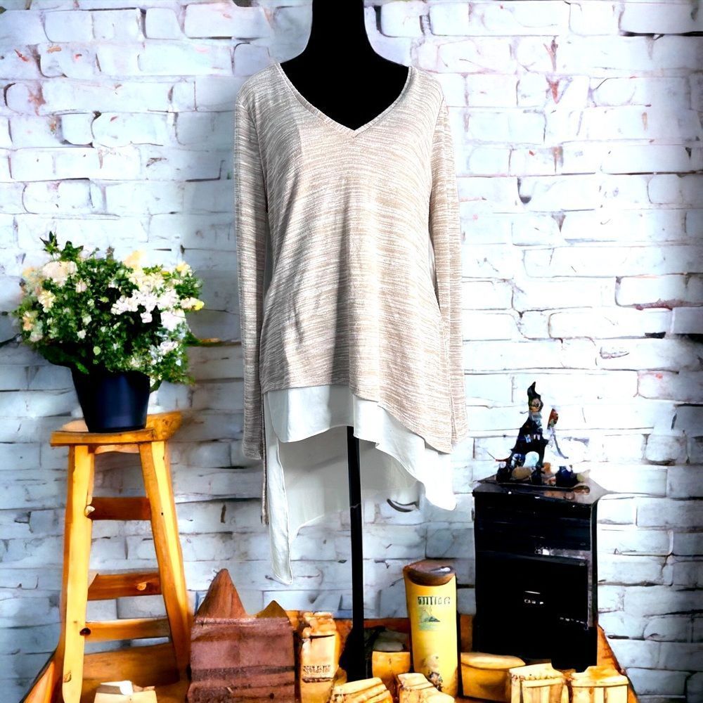 White House Black Market V-Neck Sweater in Beige and White